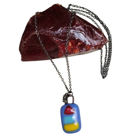 Modernist Modern Art Glass Pendant Charm Necklace Eclectic 30" Gunmetal Chain - Picture 2 of 8